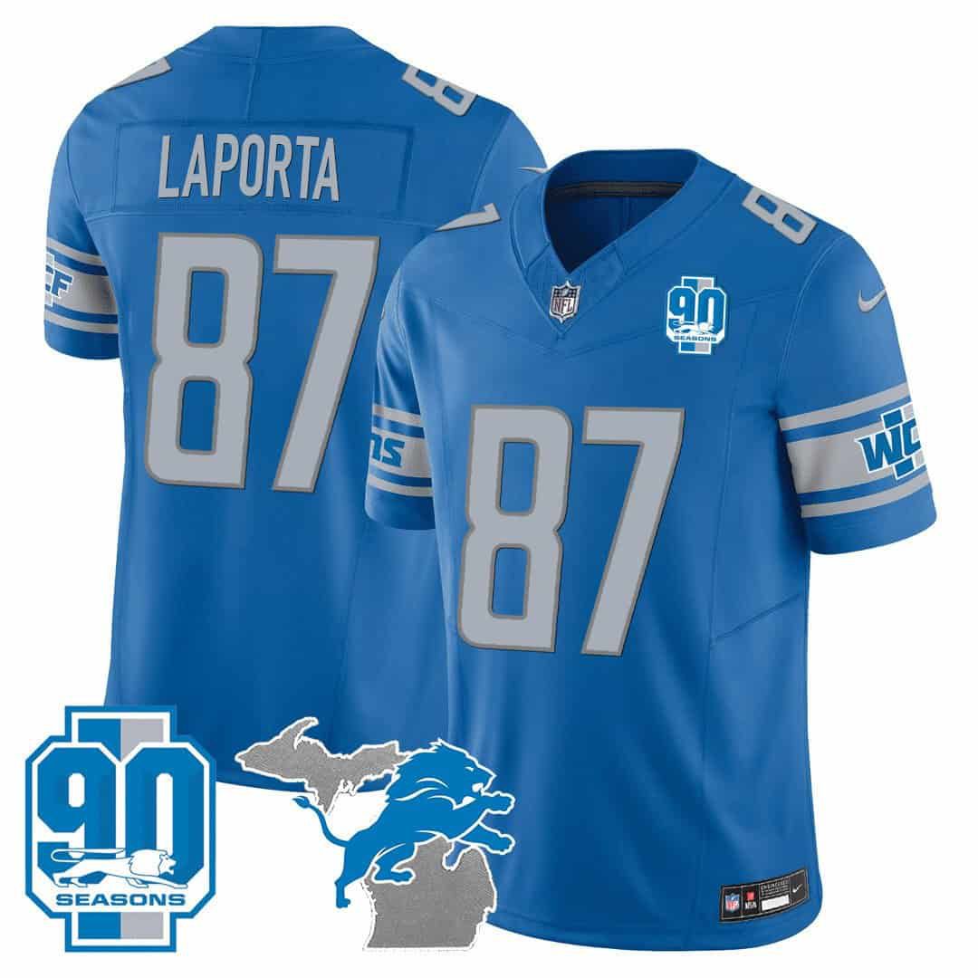 Men Detroit Lions #87 Laporta Blue 2024 Nike 90th Year Michigan Patch Vapor NFL Jersey style 1